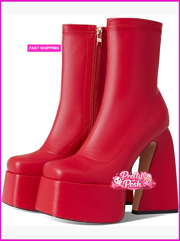 Platform Boots For Women Mid Calf Square Toe Chunky High Heel Side Zipper